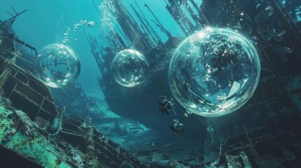 Underwater exploration of a sunken ship with divers and mesmerizing air bubbles