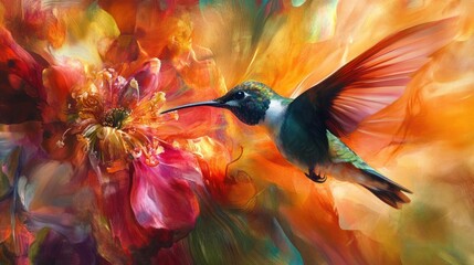 Vibrant hummingbird gracefully approaching a colorful flower artfully rendered digitally