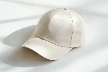 Fototapeta premium Creamcolored Baseball Cap with Subtle Texture and Shadow Play on White Surface