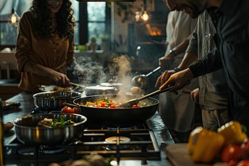 Clear Pixel Image of Friends Cooking a Meal Together in a Wellequipped Kitchen
