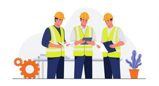 Three engineers in hard hats and safety vests collaborate on a construction project, reviewing documents and plans