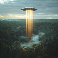 Mysterious UFO Hovering over Tranquil Forest