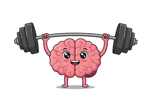 A cute cartoon brain character is weightlifting a barbell, isolated on white background
