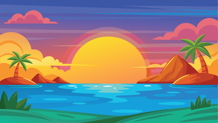 Tropical Sunset Cartoon Landscape with Islands, Palm Trees, Ocean and Vivid Colors