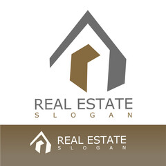 sleek and modern real estate logo featuring a stylized house roof and abstract building shape in gray and brown, symbolizing property, construction, and home investment
