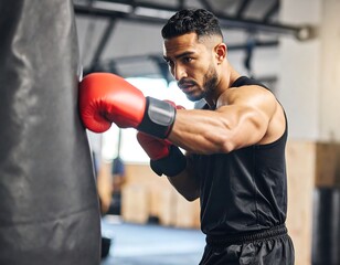 Man punches boxing bag