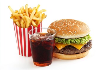 A fast food meal with a burger, fries, and soda on a white background. A photo of an unbranded, single-color burger next to a box full of French fries in a red-striped paper cup. 