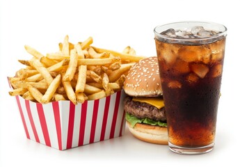 A fast food meal with a burger, fries, and soda on a white background. A photo of an unbranded, single-color burger next to a box full of French fries in a red-striped paper cup. 