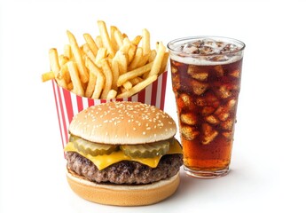 A fast food meal with a burger, fries, and soda on a white background. A photo of an unbranded, single-color burger next to a box full of French fries in a red-striped paper cup. 