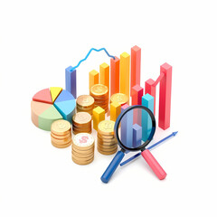 A colorful 3D rendering of financial elements like pie charts, coins, bar graphs, and a magnifying glass on a white background. Concept of analysis
