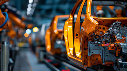 Fototapeta premium Robotic arms assembling vehicles on a modern production line, showcasing precision and automation in manufacturing.