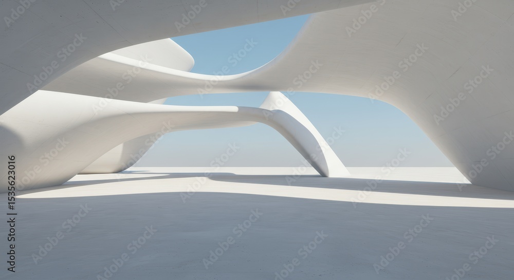 Poster abstract architectural rendering of a modern building interior with smooth white curves and clean li