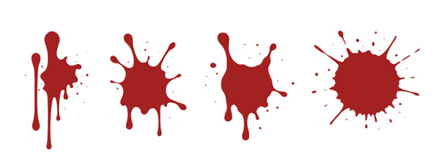 Set of red ink splatter shapes with drip effects in grunge vector style isolated on white background