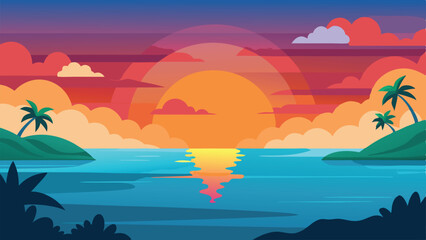 Obraz premium Tropical Island Sunset Illustration Featuring Palm Trees, Calm Ocean, and Vibrant Sky Colors