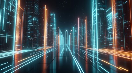 A futuristic cityscape with neon lines leading to the horizon, symbolizing innovation and progress in technology.