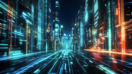 A futuristic cityscape with neon lines leading to the horizon, symbolizing innovation and progress in technology.
