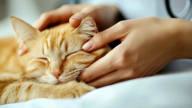 Closeup sleeping orange tabby cat being gently petted by a human hand. Cat has a relaxed expression, and the setting is cozy 
