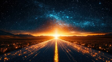 Starry night road to sunrise.  Vast highway stretches into a vibrant sunrise, framed by a breathtaking starry night sky