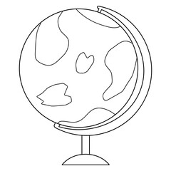 Coloring page with outline drawing of globe showing stylized continents and ocean. Geography lesson. For entertaining kids, back to school black and white printable design, and DIY craft activity.