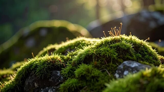 Close up of vibrant green moss growing on rocks in a tranquil woodland environment, dappled sunlight filters through the trees.