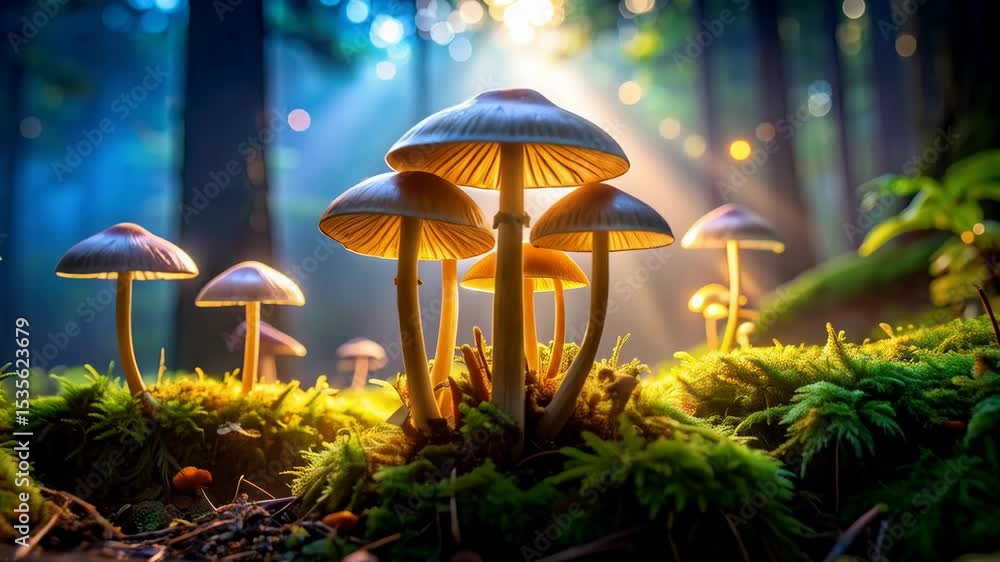 Aufkleber tranquil mushroom cluster basking in soft sunlight within a serene forest environment filled with gr