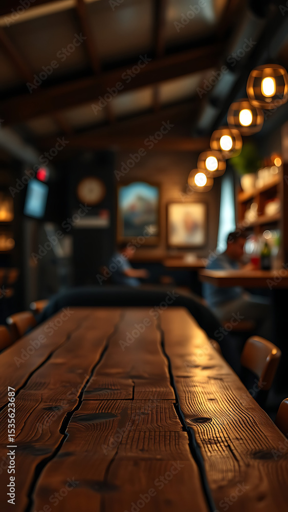 Poster empty wooden table rustic and blurred background of bar or pub for product display high quality phot
