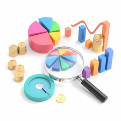 Obraz premium A colorful 3D rendering of financial elements like pie charts, coins, bar graphs, and a magnifying glass on a white background. Concept of analysis 