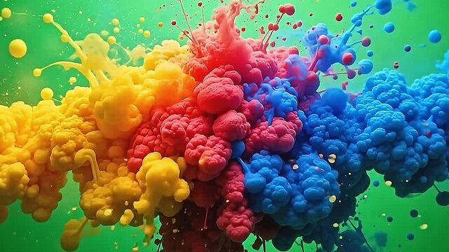 With a subtle breeze, colorful droplets begin to swirl and explode bright ink water into unpredictable patterns, all unfolding in front of a vivid green background.