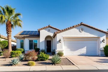 Modern white house with solar panels desert landscaping