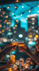 A group of friends toasting drinks at a rooftop bar with city lights in the background