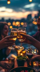 A group of friends toasting drinks at a rooftop bar with city lights in the background