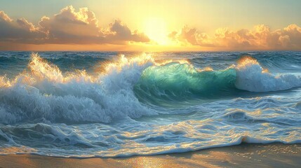 Sandy Beach with Ocean Waves under Blue Sky