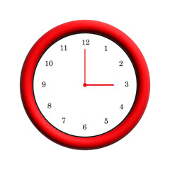 Vibrant Red Framed Clock Face Showing the Time, Isolated on White Background
