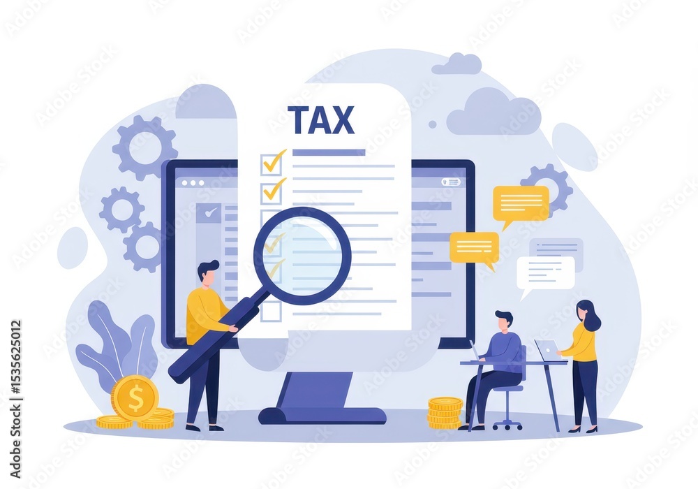 Poster people collaborate on a tax document displayed on a computer screen, using a magnifying glass for re