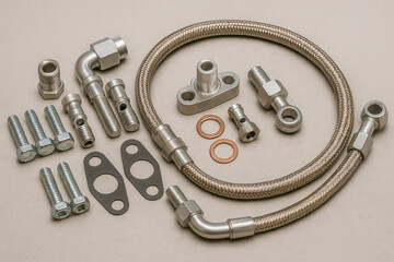 Turbo oil feed line kit with braided hoses, banjo fittings, bolts and washers