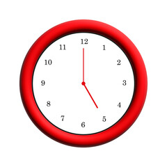 A bright red wall clock showing five o'clock against a clean white background