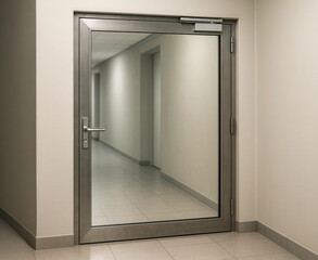Modern fireproof glass door reflecting empty corridor in public building