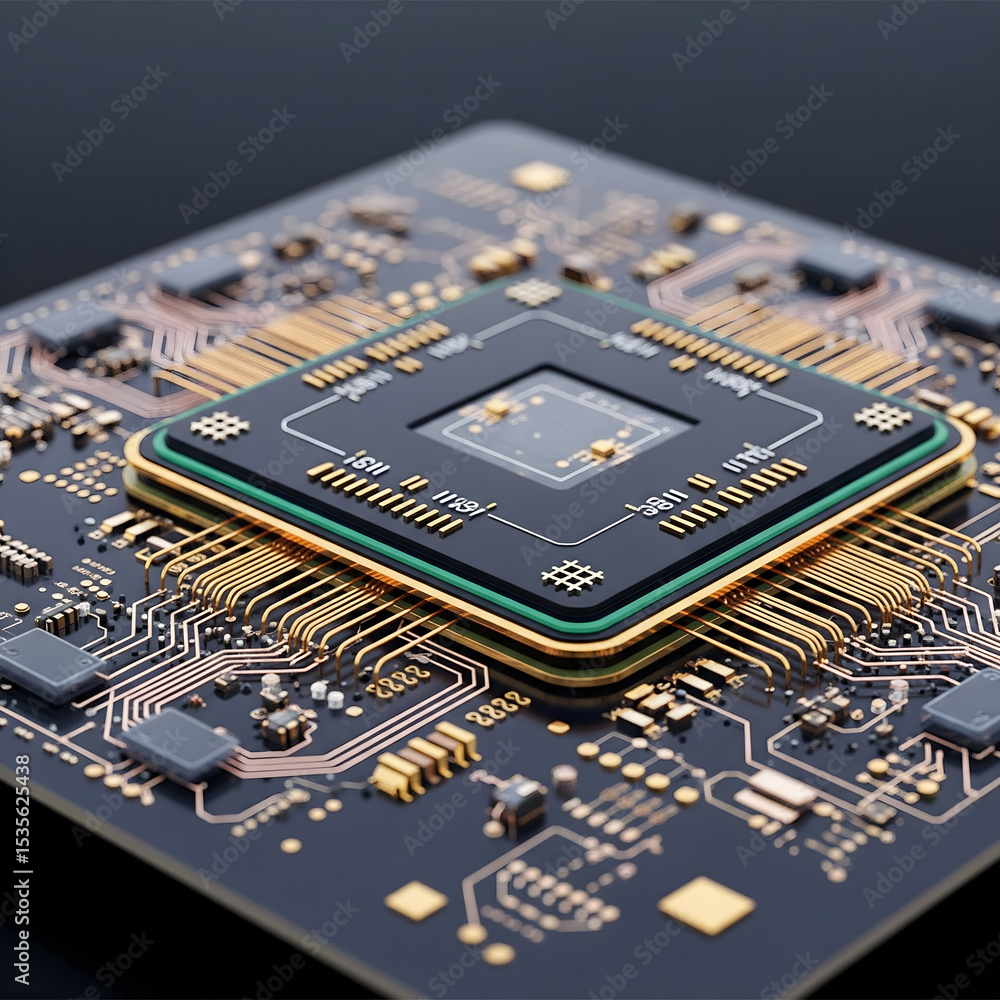 Poster a sophisticated close-up of a central processing unit on a circuit board, highlighting intricate gol