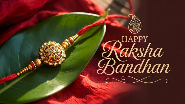 A gold colored Rakhsha Bandhan is displayed on a leaf