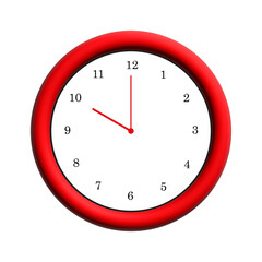A classic red round wall clock showing almost ten o'clock against a white background
