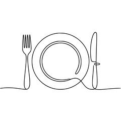 Simple line drawing of a plate, fork, and knife in a minimalist style