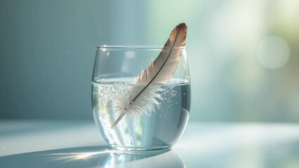 Feather Floating in Sparkling Water Glass – Minimalist Still Life with Soft Light