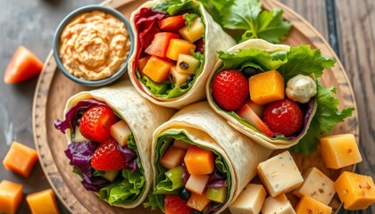 Rainbow veggie wraps with hummus, fruit skewers, and cheese cubes,  lunchbox,  vegetables