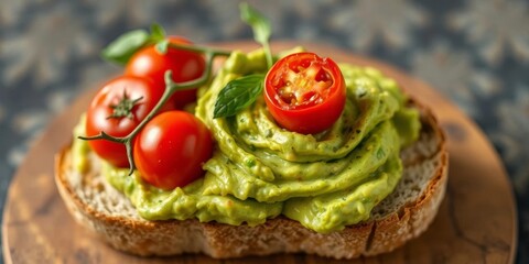 Perfectly ripe avocado mashed on toasted sourdough, topped with halved cherry tomatoes,  sourdough,   healthy eating