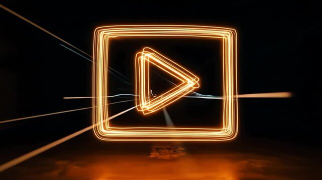 Illuminating Play Button Glowing in Dark Space Long Exposure