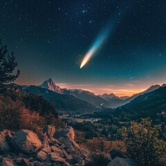 Comet Flying over Mountain Range at Dusk