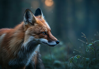 Obraz premium Photorealistic Close-Up Fox in Misty Dawn Forest