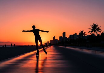 Joyful Roller Skater Silhouetted Against Vibrant Miami Sunset Skyline
