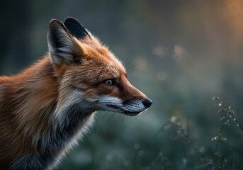 Fototapeta premium Photorealistic Close-Up Fox in Misty Dawn Forest
