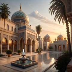 Naklejka premium Tranquil Courtyard of an Islamic Palace at Sunset with Reflecting Pool